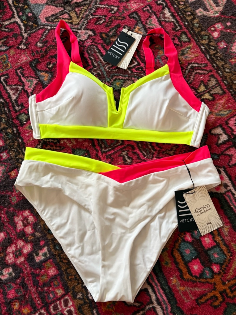 NWT Vetchy Neon-Trim White & Hot Pink Women's Bikini Set large bottoms XL top
